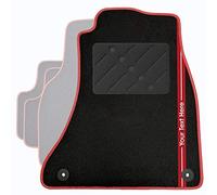 Classic Personalised Car Mats + Red Trim + Custom Text Stripe (1061)