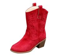 Classic Pointed Toe Chunky Heel Cowboy Western Leather Boots Women's New Hundred Sets Foot Large Size Fashion Boots Compression Walking Boot (Red, 4)