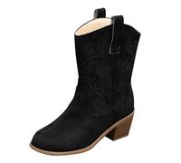 Classic Pointed Toe Chunky Heel Cowboy Western Leather Boots Women's New Hundred Sets Foot Large Size Fashion Boots Women Shoes 2026 Ladies Wellies (Black, 5)