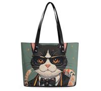 Classic PU Leather Tote Bag for Women, Large Capacity Lightweight Handbag with Zipper, Cool Rich Gangster Boss Cat Shoulder Bag for Travel, Work & Shopping
