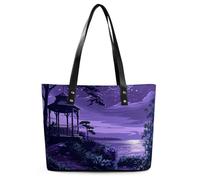 Classic PU Leather Tote Bag for Women, Large Capacity Lightweight Handbag with Zipper, Night View And Pavilion Shoulder Bag for Travel, Work & Shopping