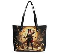 Classic PU Leather Tote Bag for Women, Large Capacity Lightweight Handbag with Zipper, Pirate Golden Secret Sea Shoulder Bag for Travel, Work & Shopping