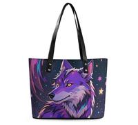 Classic PU Leather Tote Bag for Women, Large Capacity Lightweight Handbag with Zipper, Purple Starry Sky Galactic Wolf Shoulder Bag for Travel, Work & Shopping