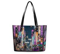Classic PU Leather Tote Bag for Women, Large Capacity Lightweight Handbag with Zipper, Purple Tokyo Streets Shoulder Bag for Travel, Work & Shopping