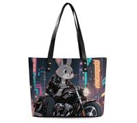 Classic PU Leather Tote Bag for Women, Large Capacity Lightweight Handbag with Zipper, Rabbit Riding Motorcycles Shoulder Bag for Travel, Work & Shopping