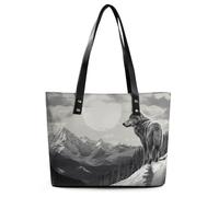 Classic PU Leather Tote Bag for Women, Large Capacity Lightweight Handbag with Zipper, Snow Mountain Lone Wolf Shoulder Bag for Travel, Work & Shopping