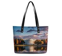 Classic PU Leather Tote Bag for Women, Large Capacity Lightweight Handbag with Zipper, The White House on The Lake Shoulder Bag for Travel, Work & Shopping