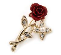 Classic Red Rose With Simulated Pearl Brooch In Gold Plating - 35mm Across
