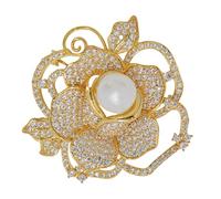 Classic Rose Brooch with Simulated Pearl Micro Pave Detailing - Noble and Elegant Gold Tone, Large, Copper, cubic zirconia