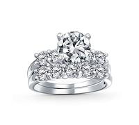 Classic Round Brilliant Cut Solitaire AAA CZ Side Stones Anniversary Engagement Wedding Band Ring Set For Women .925 Sterling Silver