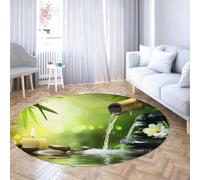 Classic Round Carpet 180cm Bamboo Stream Plumeria Flower Zen Stone Pattern Bedroom Floor Mat Easy Clean Stain Resistant Soft Large Foldable Non Slip Washable Circular Carpets Living Room Decor
