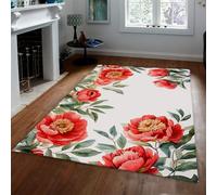 Classic Rugs 180x300cm For Living Room Bedroom Modern Machine Washable Rugs Chinese Style Red Peony Flower Pattern Large Soft Low Pile Floor Cover with Non Slip Backing Carpet for Dining Room