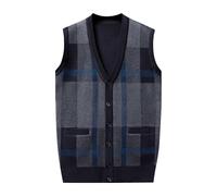 Classic Seeveless Jumpers for Men UK Plaid Knitted Waistcoats Loose Fit Sweater Vests Crochet Gilets Sleeveless Cardigan Buttons Down Knitwear Couple Streetwear Vintage Knit Tank Tops with Pockets