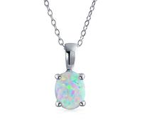 Classic Simple Gemstone 1CTW Solitaire Oval White Rainbow Created Opal Pendant Necklace For Women Teen .925 Sterling Silver October Birthstone