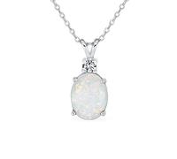 Classic Simple Gemstone CZ Accent 5CT 8x10MM Oval Solitaire White Rainbow Created Opal Pendant Necklace For Women Teen .925 Sterling Silver October Birthstone 16-18 Inch