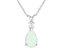 Classic Simple Gemstone CZ Accent 5CT Solitaire Teardrop White Rainbow Created Opal Pendant Necklace For Women Teen .925 Sterling Silver October Birthstone 16-18 Inch