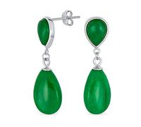 Classic Simple Gemstone Dangle Delicate Double Teardrop Genuine Green Jade Drop Earrings For Women .925 Sterling Silver