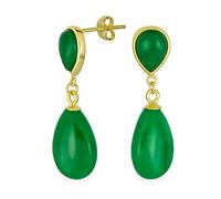 Classic Simple Gemstone Dangle Delicate Double Teardrop Genuine Green Jade Drop Earrings For Women Yellow Gold Overlay .925 Sterling Silver