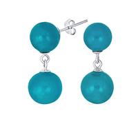 Classic Simple Gemstone Dangle Double Round Genuine Aegean Teal Blue Jade 2 Drop Ball Earrings For Women .925 Sterling Silver 10MM
