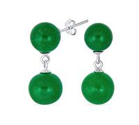 Classic Simple Gemstone Dangle Double Round Genuine Green Jade 2 Drop Ball Earrings For Women .925 Sterling Silver 10MM
