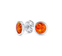 Classic Simple Iridescence Gemstone Bezel Setting Flat Round Circle Created Orange Fire Opal Stud Earrings For Women .925 Sterling Silver Small 5MM October Birthstone