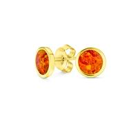 Classic Simple Iridescence Gemstone Bezel Setting Flat Round Circle Created Orange Fire Opal Stud Earrings For Women Gold Plated .925 Sterling Silver Small 5MM October Birthstone