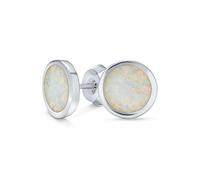 Classic Simple Iridescence Gemstone Bezel Setting Flat Round Circle Created White Opal Stud Earrings For Women .925 Sterling Silver Large 9MM October Birthstone