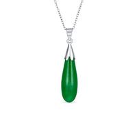 Classic Simplistic Semi Precious Green Gemstone Jade Elongated Teardrop Shaped Dangle Pendant Necklace Western Jewelry For Women .925 Sterling Silver