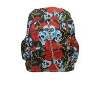 CLASSIC SKULLS & ROSES Red Backpack School College Gothic Goth Skulls Travel Festival Gig Alternative Splash Proof Nylon Laptop Rucksack Bag