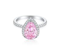 Classic Sparkling 3ct Drop Shaped Teardrop Pink Gemstone Engagement Wedding Halo Ring for Women Cubic Zirconia CZ Promise Pear 925 Sterling Silver Shiny Full Diamond Band Rings for Her