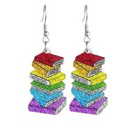 Classic Stack of Books Drop Earrings Glitter Crayon Acrylic Dangle Earrings Funny ABC 123 Letter Earrings Graduation Back to School Jewelry Librarian Teachers Appreciation Gifts, Resin Acrylic, No