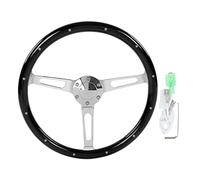 Classic Steering Wheel Assembly, Wooden Steering Wheel with Walnut Grip, 3 Spoke Riveted Design, 6 Hole Universal Modification for Vintage and Retro Cars, 380mm 15in Diameter (Black)