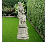 Classic Stone Cast Girl Statue With A Tea Set On A Small Column