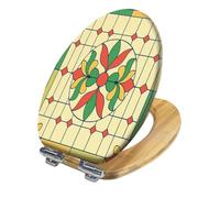 Classic Style Elongated Slow Quiet Close Wooden Toilet Seat with Stained Glass, Quick-Release Hinges, Cover Bumpers, Easy to Clean & Install