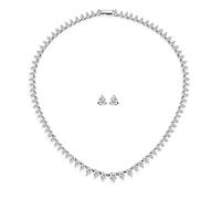 Classic Traditional Bridal Graduated Teardrop AA CZ Statement Collar Tennis Necklace Stud Earrings Jewelry Set For Women Wedding Prom Silver Plated