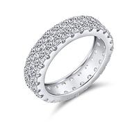 Classic Traditional Bridal Two Row Pave Cubic Zirconia CZ Anniversary Eternity Wedding Band Ring For Women .925 Sterling Silver Rhodium 5MM Wide