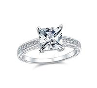 Classic Traditional Cubic Zirconia Square AAA CZ Princess Cut Solitaire Engagement Ring For Women .925 Sterling Silver Milgrain Pave Band