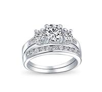 Classic Traditional Round Solitaire 3 Stone Past Present Future Solitaire Pave Band AAA CZ Anniversary Wedding Engagement Ring Set Band For Women .925 Sterling Silver