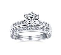 Classic Traditional Round Solitaire 6 Prong Solitaire Pave Band AAA CZ Anniversary Wedding Engagement Ring Set Band For Women .925 Sterling Silver