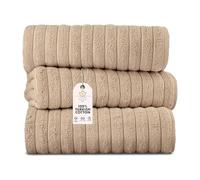 Classic Turkish Towels - Bath Sheets - Set of 3, 600 GSM, 40x65-100% Turkish Cotton, Hotel & Spa Quality, Jumbo Jacquard Ribbed & Quick Absorbent Bathroom Essentials (Almond Beige)