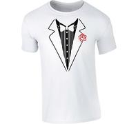 Classic Tuxedo Costume T-Shirt Funny Wedding Ceremony Prom Night Suit Red Rose Novelty Unisex Gift Tee Top (White, 4XL)