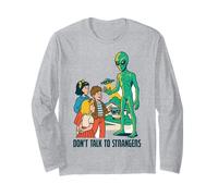 Classic UFO with green aliens flying above city Long Sleeve T-Shirt