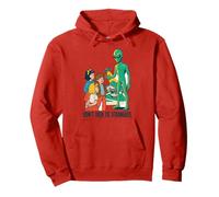 Classic UFO with green aliens flying above city Pullover Hoodie