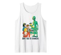 Classic UFO with green aliens flying above city Tank Top