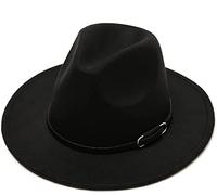 Classic Unisex Felt Blend Fedora Hat Brim Flat Church Derby Cap Wide Brim Classic Pork Pie Hat with Belt Buckle for Wedding Party Talent Show Performance Black
