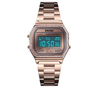 Classic Unisex Women's Men's Digital Multifunction Sports Watch Stainless Steel Band Square Waterproof Electronic Led Watch (Crystals Rose Gold)