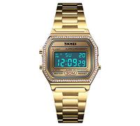 Classic Unisex Women's Men's Digital Multifunction Sports Watch Stainless Steel Band Square Waterproof Electronic Led Watch (Crystals Gold)