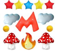 Classic Video Game Party Balloons,4D Mushroom,Fire,Coin, Star,Cloud Foil Balloons,Red Blue Yellow Balloons for Kids Birthday Gaming Party Supplies