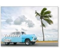 Classic Vintage American Car Drives Along A Coastal Road Next to Single Palm Tree in Varadero, Cuba, Fridge Magnet