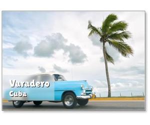 Classic Vintage American Car Drives Along A Coastal Road Next to Single Palm Tree in Varadero, Cuba, Fridge Magnet